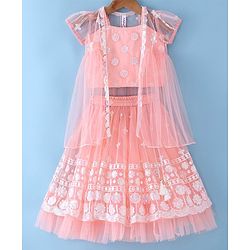 Babyhug Woven Singlet Choli With Sequenced Embroidered Lehenga & Short Sleeves Shrug - Hot Pink