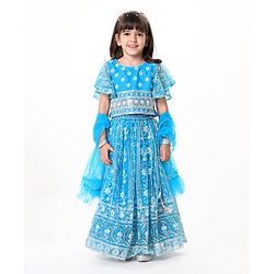 Babyhug Woven Half Sleeve Sequined Choli With Floral Embroidered Lehenga and Frill Net Dupatta - Blue