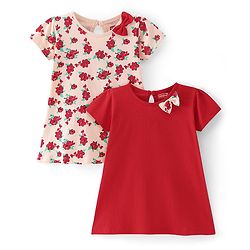 Babyhug Single Jersey Knit Half Sleeves Frocks With Floral Print & Bow Applique Pack of 2 - Light Pink & Red
