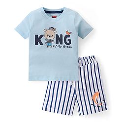 Babyhug Single Jersey Cotton Knit Half Sleeves Teddy Printed T-Shirt & Striped Shorts Set - Multicolor