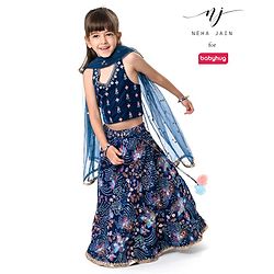 Babyhug Woven Sleeveless Velvet Floral Embroidered Halter Neck Choli with Lehenga and Net Dupatta Set - Teal Blue