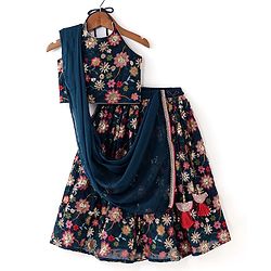 Babyhug  Sleeveless Floral Embroidered Choli With Lehenga & Net Dupatta Set - Teal