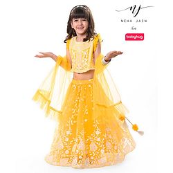 Babyhug Sleeveless Sequined  Floral Embroidered Choli Lehenga Set with Dupatta - Yellow