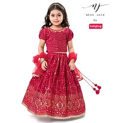 Babyhug Half Sleeves Sequined Embroidered Choli & Lehenga Set with Dupatta - Red