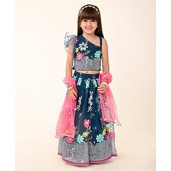 Babyhug  Sleeveless Sequenced   Embroidered Choli Lehenga & Frill Net Dupatta Set- Teal
