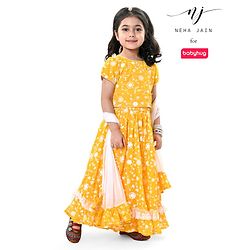 Babyhug Pufffed Sleeves Georgette Choli Lehenga & Frilled Dupatta Set Floral Embroidered -Yellow