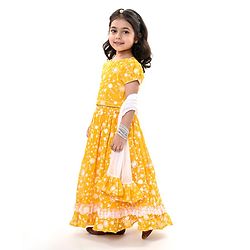 Babyhug Pufffed Sleeves Georgette Choli Lehenga & Frilled Dupatta Set Floral Embroidered -Yellow