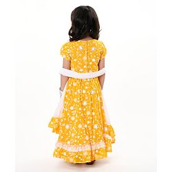 Babyhug Pufffed Sleeves Georgette Choli Lehenga & Frilled Dupatta Set Floral Embroidered -Yellow