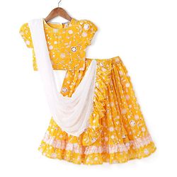 Babyhug Pufffed Sleeves Georgette Choli Lehenga & Frilled Dupatta Set Floral Embroidered -Yellow
