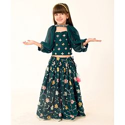 Babyhug Woven Sleeveless Georgette Floral Embroidered Choli & Sequinned Lehenga Set with Detachable Sleeves - Green