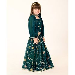Babyhug Woven Sleeveless Georgette Floral Embroidered Choli & Sequinned Lehenga Set with Detachable Sleeves - Green