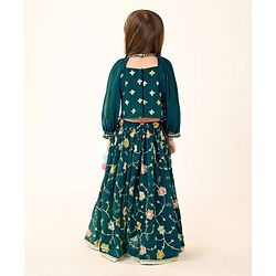 Babyhug Woven Sleeveless Georgette Floral Embroidered Choli & Sequinned Lehenga Set with Detachable Sleeves - Green