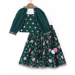 Babyhug Woven Sleeveless Georgette Floral Embroidered Choli & Sequinned Lehenga Set with Detachable Sleeves - Green