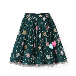 Babyhug Woven Sleeveless Georgette Floral Embroidered Choli & Sequinned Lehenga Set with Detachable Sleeves - Green