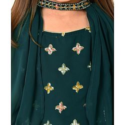 Babyhug Woven Sleeveless Georgette Floral Embroidered Choli & Sequinned Lehenga Set with Detachable Sleeves - Green