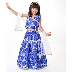 Babyhug Woven Sleeveless Embroidered Choli Lehenga Set with Dupatta Floral Print - Navy Blue