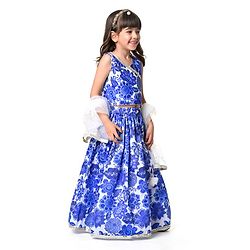 Babyhug Woven Sleeveless Embroidered Choli Lehenga Set with Dupatta Floral Print - Navy Blue