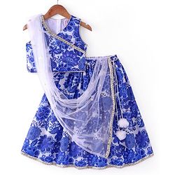 Babyhug Woven Sleeveless Embroidered Choli Lehenga Set with Dupatta Floral Print - Navy Blue