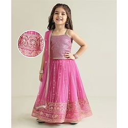 Babyhug Woven Singlet Sleeves Sequined Choli & Lehenga Set with Dupatta with Lace Detailing  - Pink