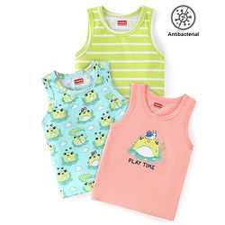 Babyhug 100% Cotton Knit Sleeveless  Antibacterial Sando  with Striped & Frog Print  Pack of 3 - Multicolour