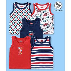 Babyhug 100% Cotton Knit Antibacterial Sleeveless Stripes Sandos with Star & Cars Print Pack of 5 - Multicolour