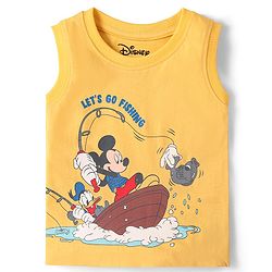 Babyhug Disney Cotton Knit Sleeveless T-Shirt with Mickey Mouse Graphics - Yellow