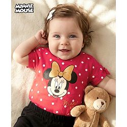 Babyhug Disney Cotton Knit Half Sleeves Top With Minnie Mouse Graphics & Bow Applique - Red