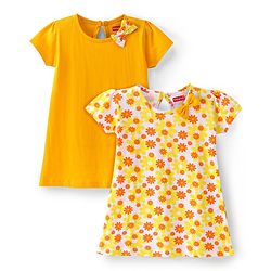 Babyhug Single Jersey Knit Half Sleeves Frocks With Floral Print & Bow Applique Pack of 2- Yellow & White