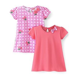 Babyhug Single Jersey Knit Half Sleeves Frocks With Cheery Print & Bow Applique Pack of 2- Pink