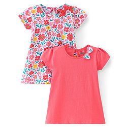Babyhug Single Jersey Knit Half Sleeves Frock With Floral Print & Bow Applique Pack of 2 - Multicolor