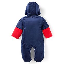 Babyhug Velour Woven Full Sleeves Winter Wear Front Open Footed Hooded Romper with Text Embroidery & Bear Patch - Navy Blue