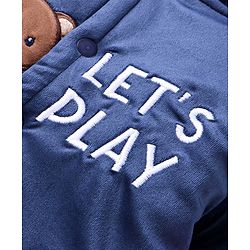Babyhug Velour Woven Full Sleeves Winter Wear Front Open Footed Hooded Romper with Text Embroidery & Bear Patch - Navy Blue