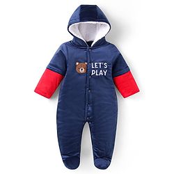 Babyhug Velour Woven Full Sleeves Winter Wear Front Open Footed Hooded Romper with Text Embroidery & Bear Patch - Navy Blue