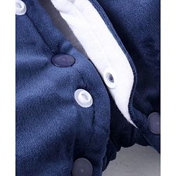 Babyhug Velour Woven Full Sleeves Winter Wear Front Open Footed Hooded Romper with Text Embroidery & Bear Patch - Navy Blue