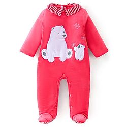 Babyhug Woven Full Sleeves Winter Wear Footed Romper With Polar Bear Embroidery - Red