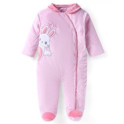 Babyhug Velour Woven Full Sleeves Footed Front Open Winter Wear  Romper with Bunny Patch - Pink