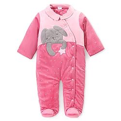 Babyhug Velouer Woven Full Sleeves Romper with Elephant Patch - Pink