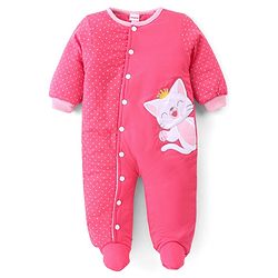 Babyhug Woven Full Sleeves Winter Wear Footed Romper with Polka Dots Print & Kitten Patch - Pink