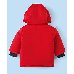 Babyhug Woven Full Sleeves Hooded Front Zipper Winter Wear Suit With Penguin Embroidery - Red