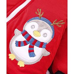 Babyhug Woven Full Sleeves Hooded Front Zipper Winter Wear Suit With Penguin Embroidery - Red