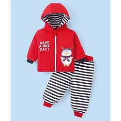 Babyhug Woven Full Sleeves Hooded Front Zipper Winter Wear Suit With Penguin Embroidery - Red