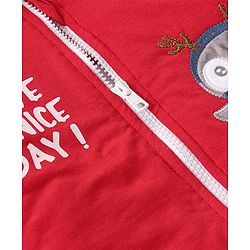 Babyhug Woven Full Sleeves Hooded Front Zipper Winter Wear Suit With Penguin Embroidery - Red