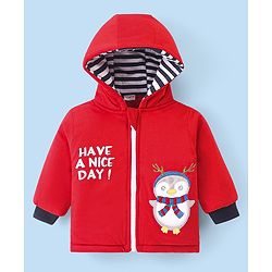 Babyhug Woven Full Sleeves Hooded Front Zipper Winter Wear Suit With Penguin Embroidery - Red