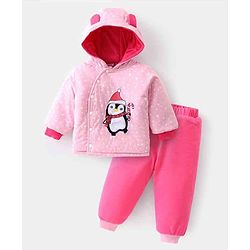 Babyhug Full Sleeves Hooded Winter Wear Suit With Cute Penguin Embroidery - Pink