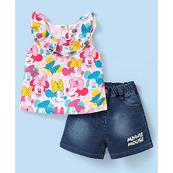 Babyhug Disney Single Jersey Knit Frill Sleeves Top & Denim Shorts Set With Minnie Mouse Print - White & Blue