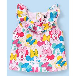 Babyhug Disney Single Jersey Knit Frill Sleeves Top & Denim Shorts Set With Minnie Mouse Print - White & Blue