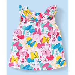 Babyhug Disney Single Jersey Knit Frill Sleeves Top & Denim Shorts Set With Minnie Mouse Print - White & Blue