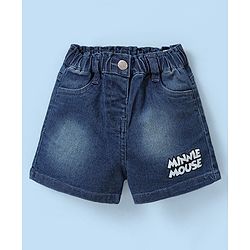 Babyhug Disney Single Jersey Knit Frill Sleeves Top & Denim Shorts Set With Minnie Mouse Print - White & Blue