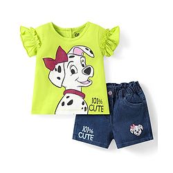Babyhug Disney Single Jersey Knit Frill Sleeves Top & Shorts Set with 101 Dalmatians Graphics - Green
