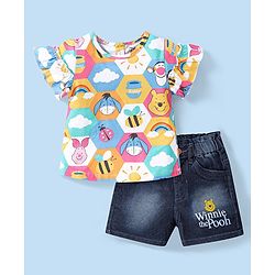 Babyhug Disney Single Jersey Knit Frill Sleeve Top and Denim Shorts with Winnie the Pooh Graphics- White & Blue